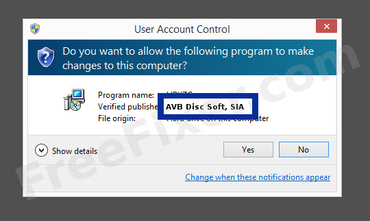 Screenshot where AVB Disc Soft, SIA appears as the verified publisher in the UAC dialog